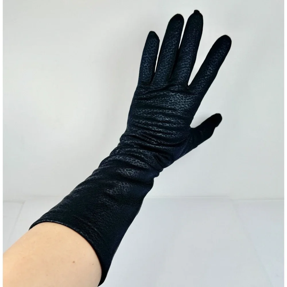 VTG 1950s Black Leopard Nylon Long Dress Gloves Size B Made In USA Opera Evening